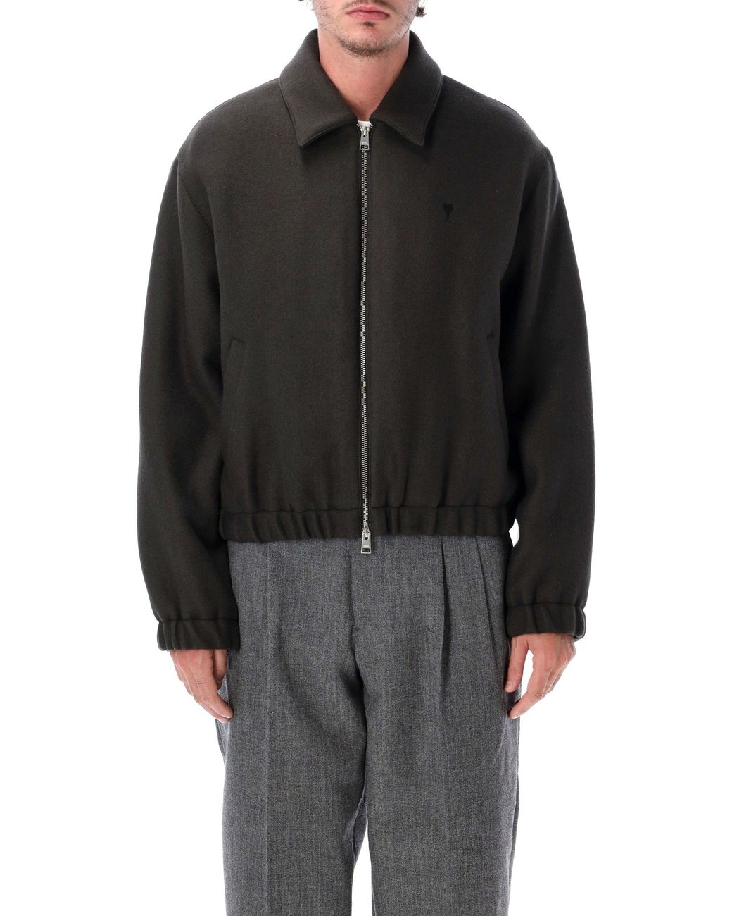 AMI Black Padded Wool Zip Jacket for men