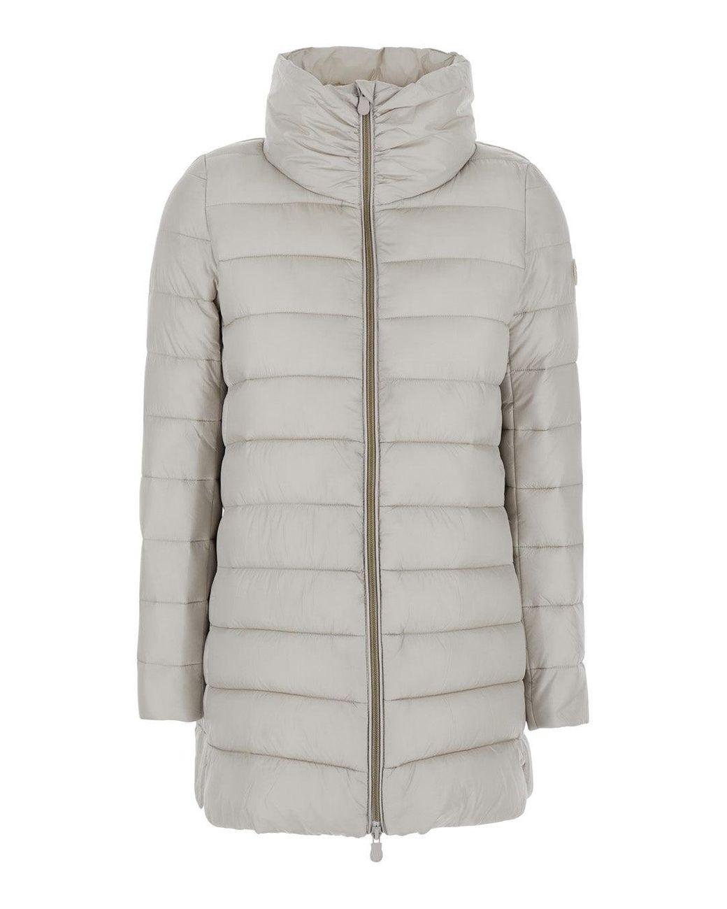 Save The Duck Gray Down Jacket With High Neck And Logo Patch
