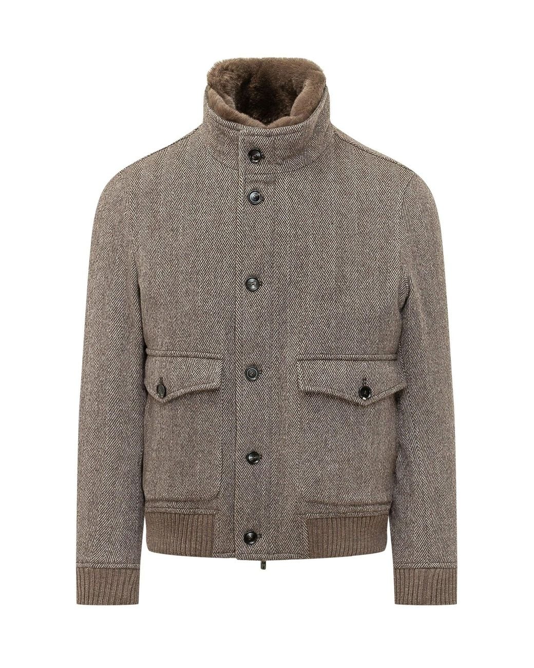 ESTERNO Brown Fishbone-Pattern Jacket With Fur Neck for men