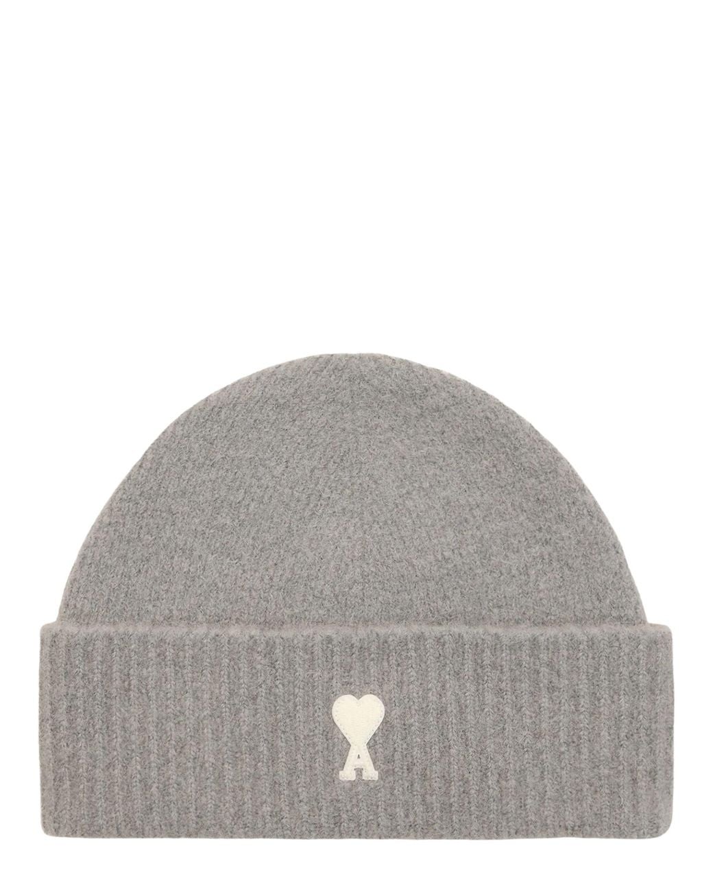 AMI Gray Wool Blend Beanie Hat With Logo Patch for men