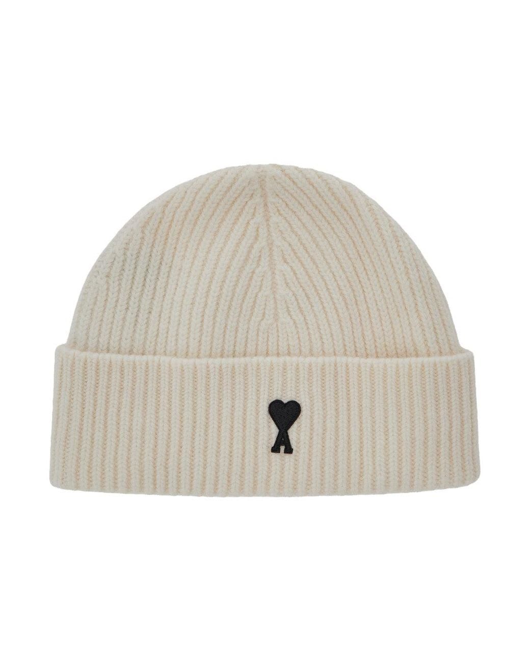 AMI Natural Wool Beanie With Contrast Logo, Ribbed Hem for men