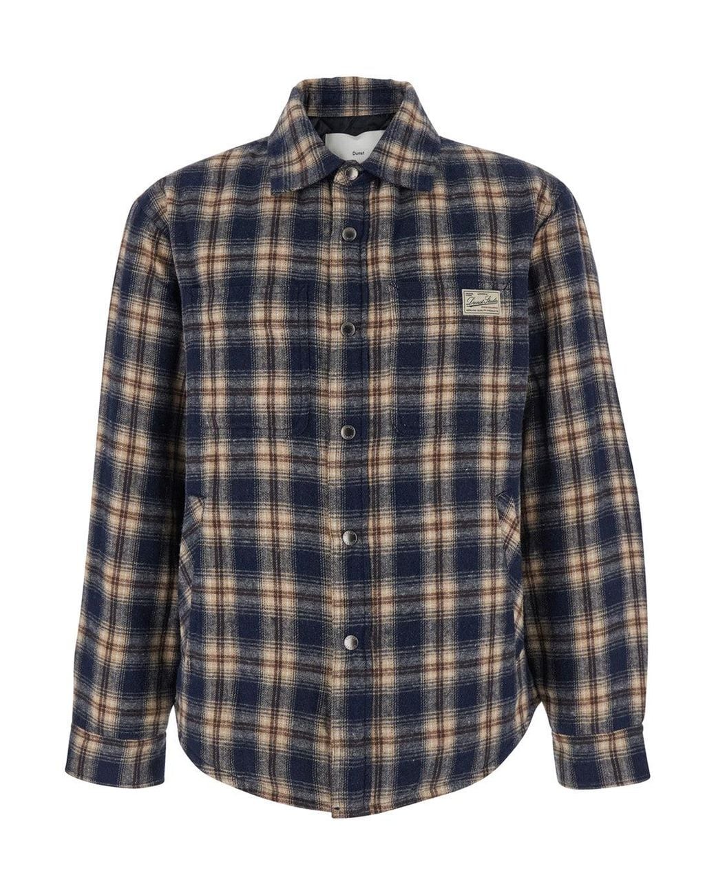 DUNST Blue Checkered Flannel Shirt With Logo Patch for men