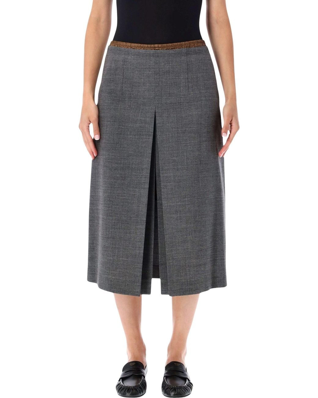 Prada Gray Tailored Wool Midi Skirt With Front Slit