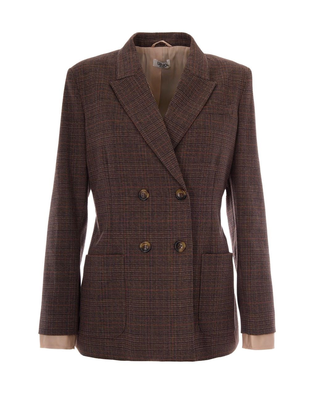 Liu Jo Brown Double-Breasted Plaid Blazer