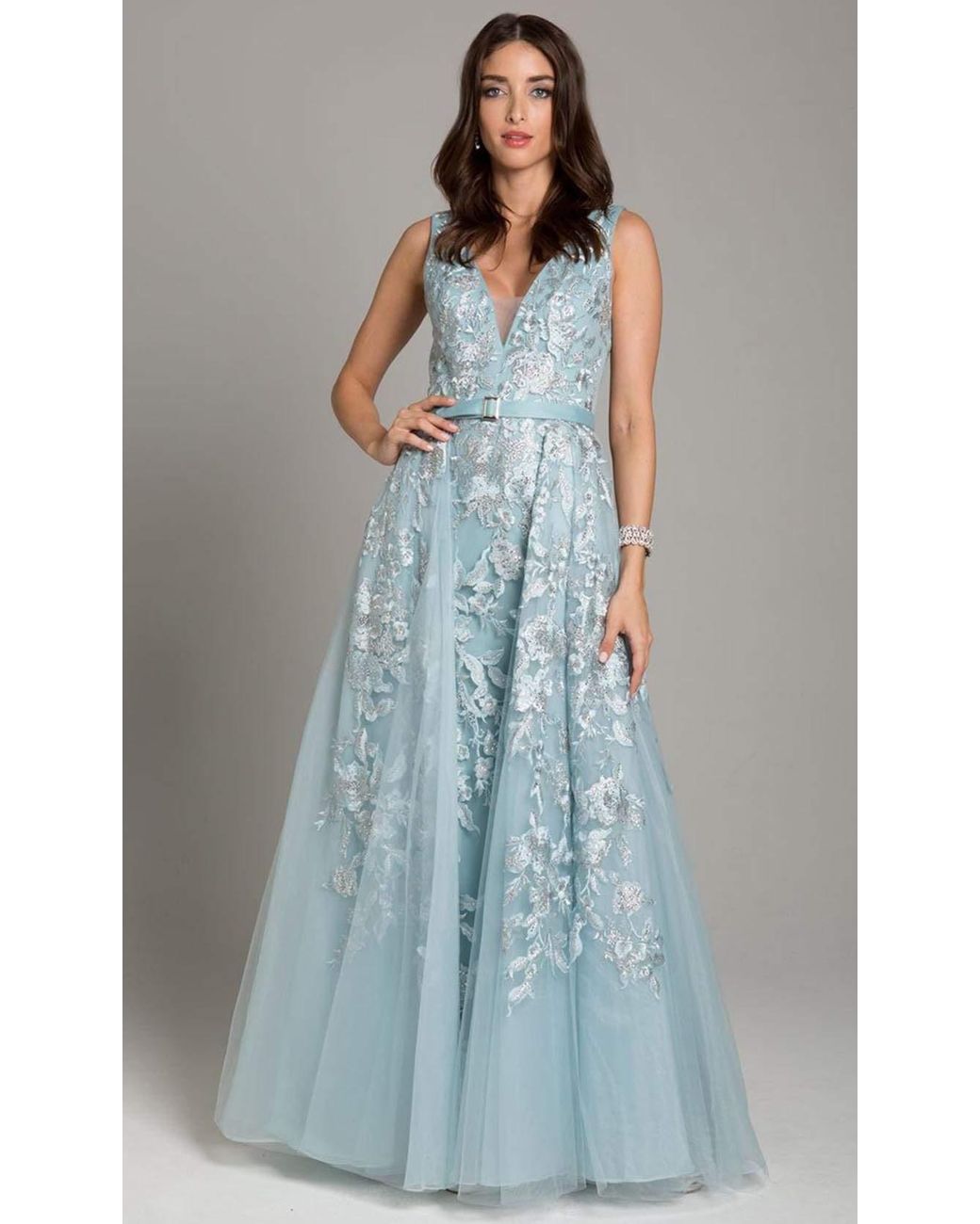 Lara Dresses 29862 V-neck Beaded Lace Ornate Tulle A-line Gown in Blue ...