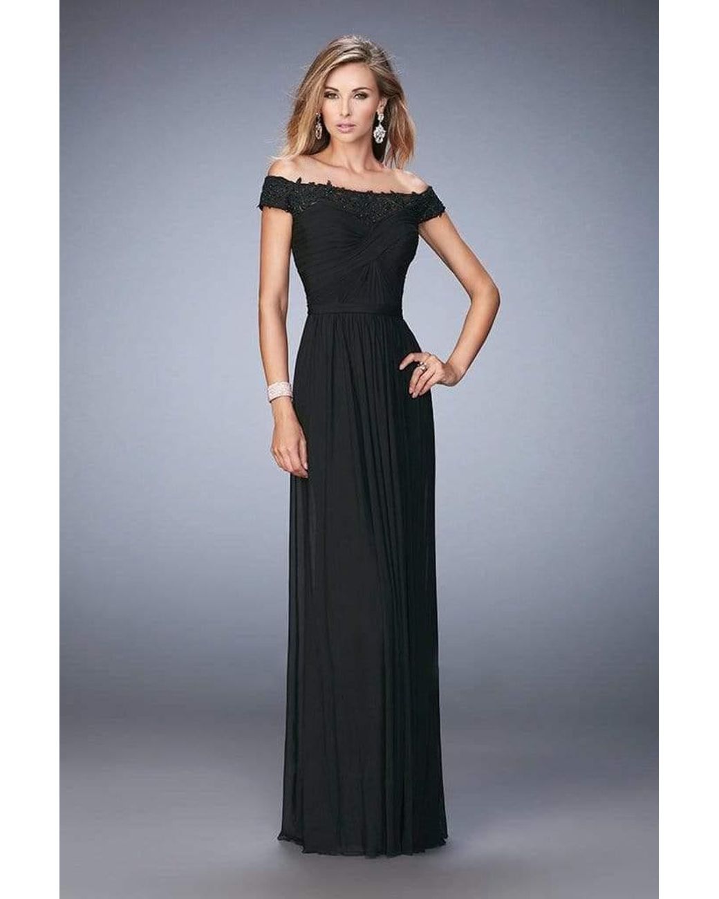 black ruched off the shoulder dress
