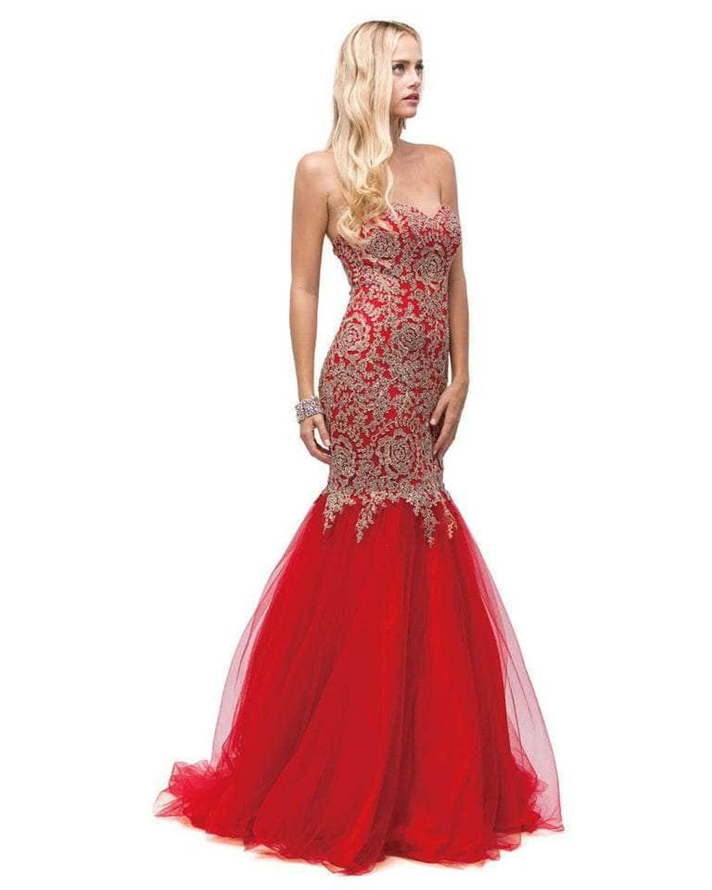 Dancing Queen Bridal Strapless Beaded Lace Prom Gown 9932 1 Pc Off  White/silver Stone In Size Xs Available in Red | Lyst