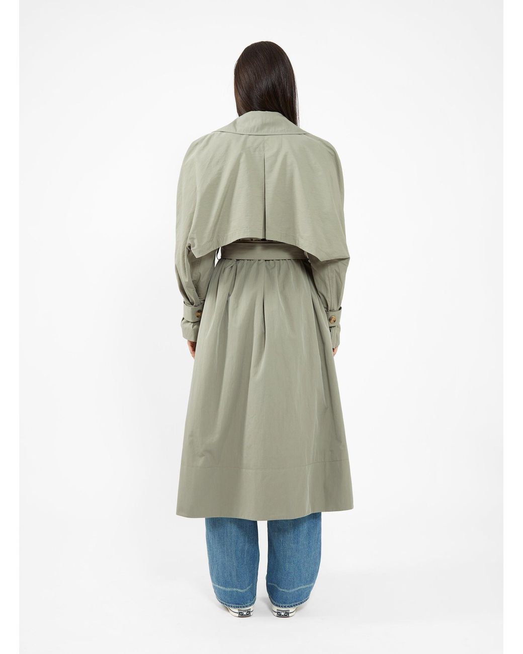 Green MODE Trench Coat With Woven Sleeves in Khaki Womens Clothing Coats Raincoats and trench coats A.W.A.K.E 