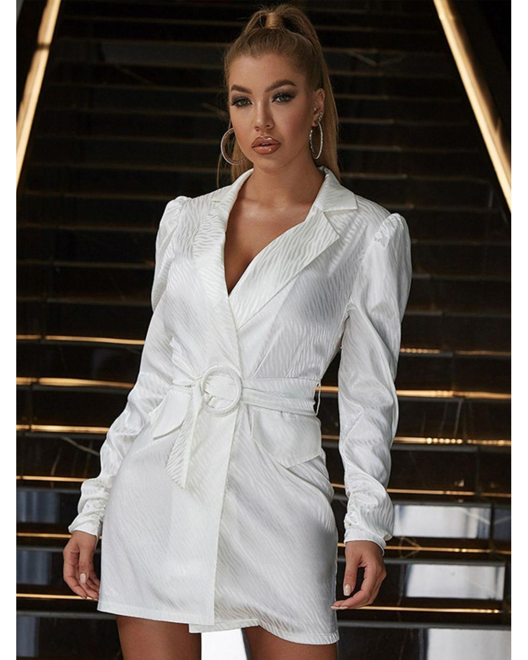Crystal Wardrobe Printed Lapel Collar Belted Blazer Dress in White | Lyst