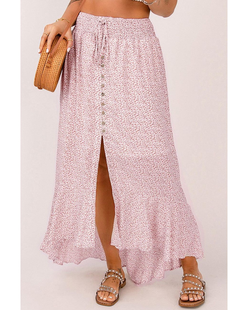Crystal Wardrobe Leopard Slit Buttoned Ruffle Hem Skirt in Pink | Lyst