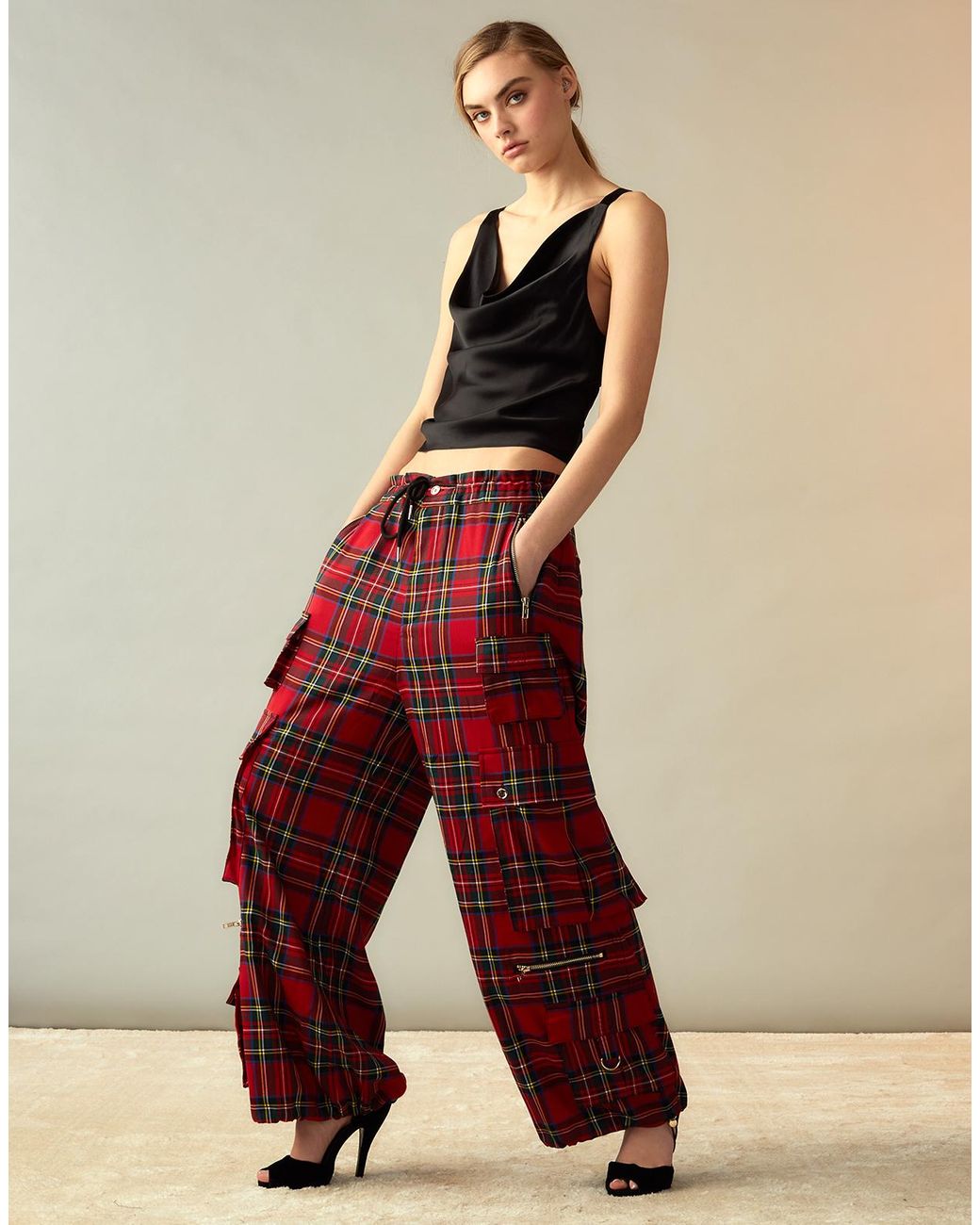 Cynthia Rowley Plaid Cargo Pants in Red