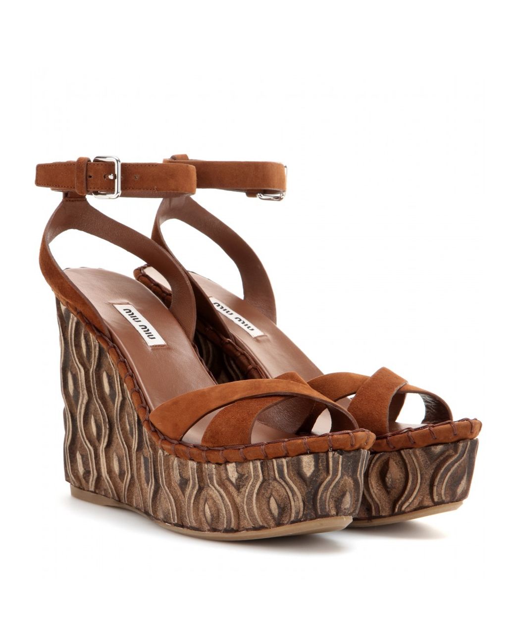 Miu Miu Suede Platform Wedge Sandals in Brown | Lyst