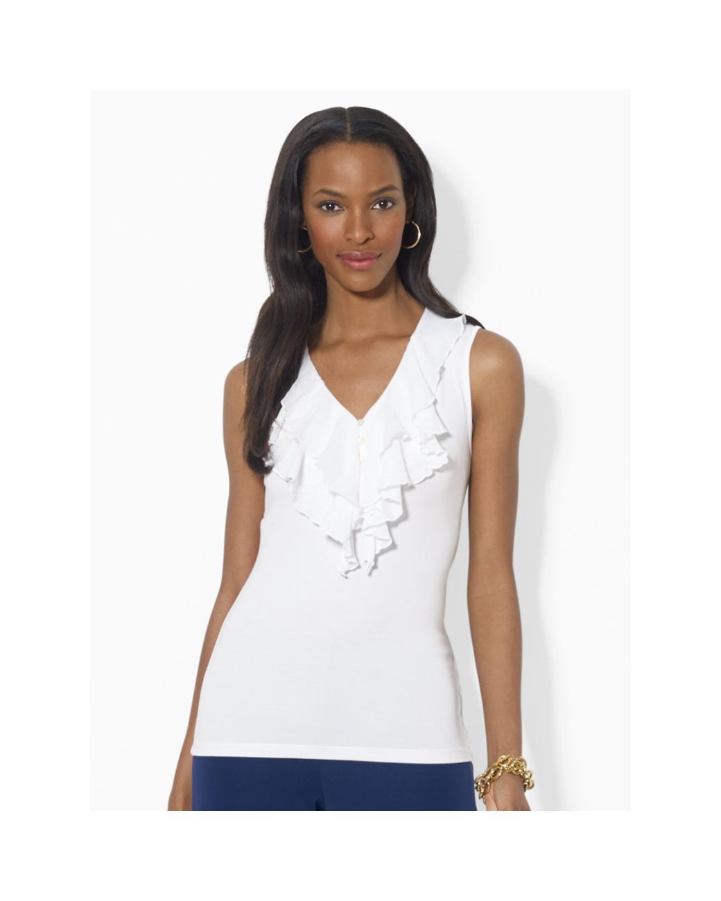 Lauren by Ralph Lauren Ruffled Sleeveless V-Neck Top in White