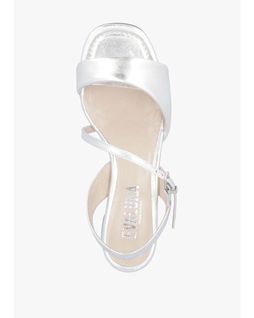 Evaluna White Metallic Leather Pillow Strap Mid-Block Heel Sandals