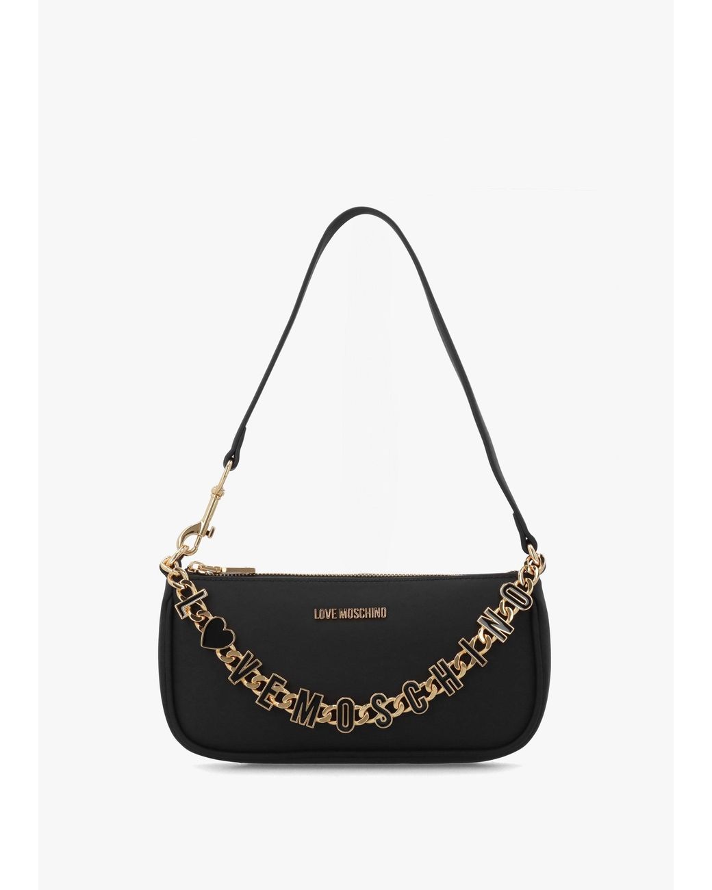 Love Moschino Black Dangling Logo Chain Nero Leather Shoulder Bag