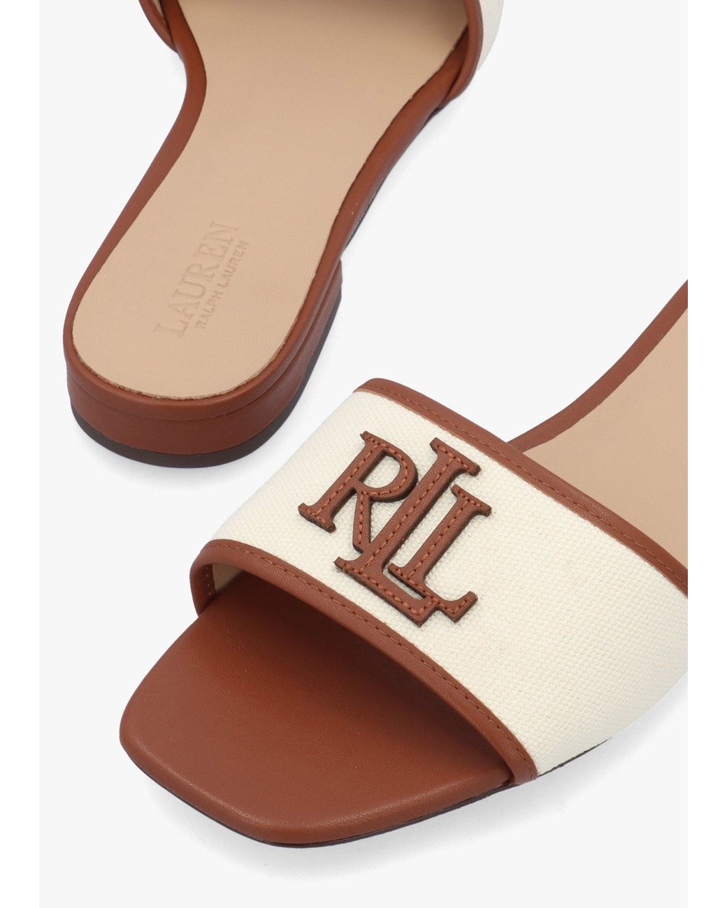 Ralph Lauren White Everley Natural Tan Lauren Leather Trim Canvas Slide Sandals