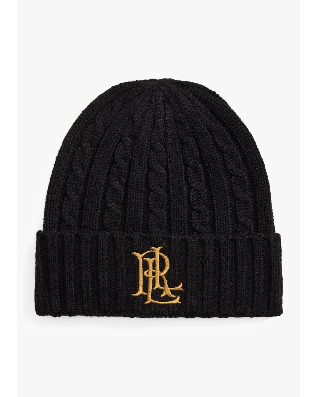 Ralph Lauren Black Embroidered Logo Cable Knit Beanie Hat