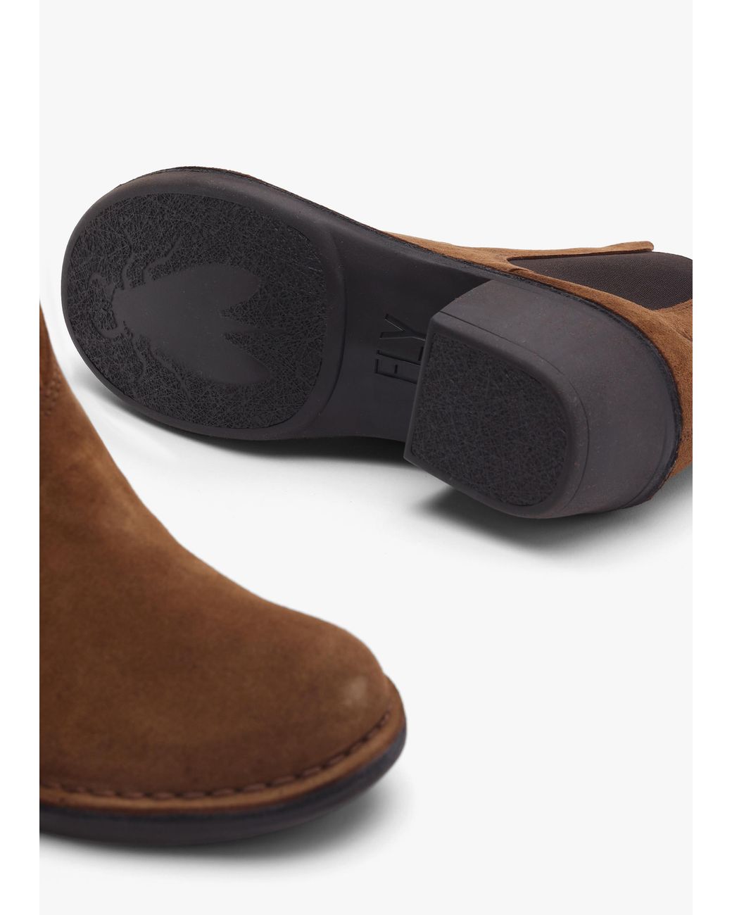 Fly London Brown Meme Tobacco Suede Block Heel Chelsea Boots