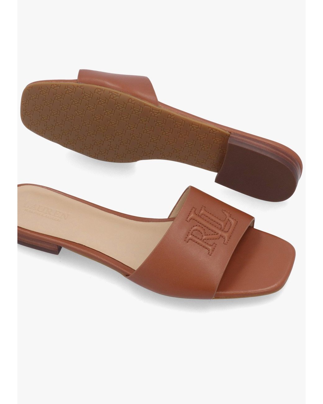 Ralph Lauren White Everley Lauren Tan Nappa Leather Slide Sandals