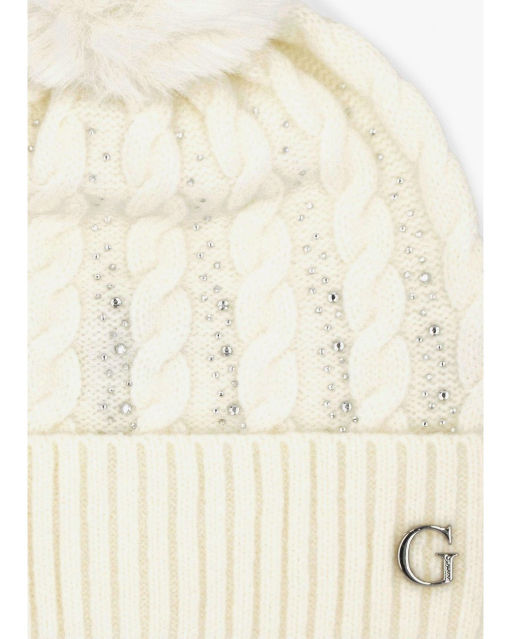Guess Natural Cream Knitted G Logo Diamante Pom Pom Beanie Hat