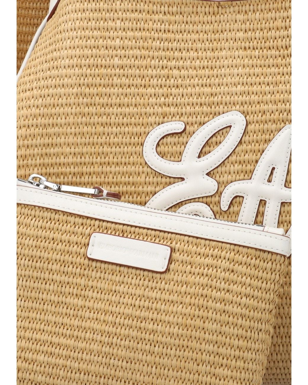 Emporio Armani White Woven Straw Medium Natural Shopper Bag