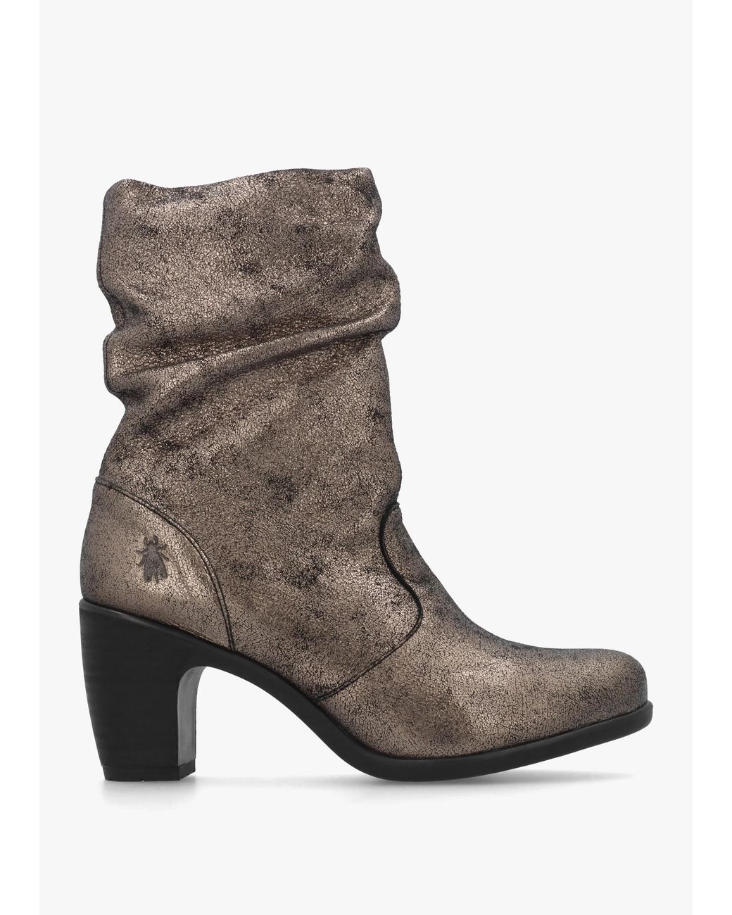 Fly London Brown Klei Cool Graphite Leather Rouched Block Heel Ankle Boots