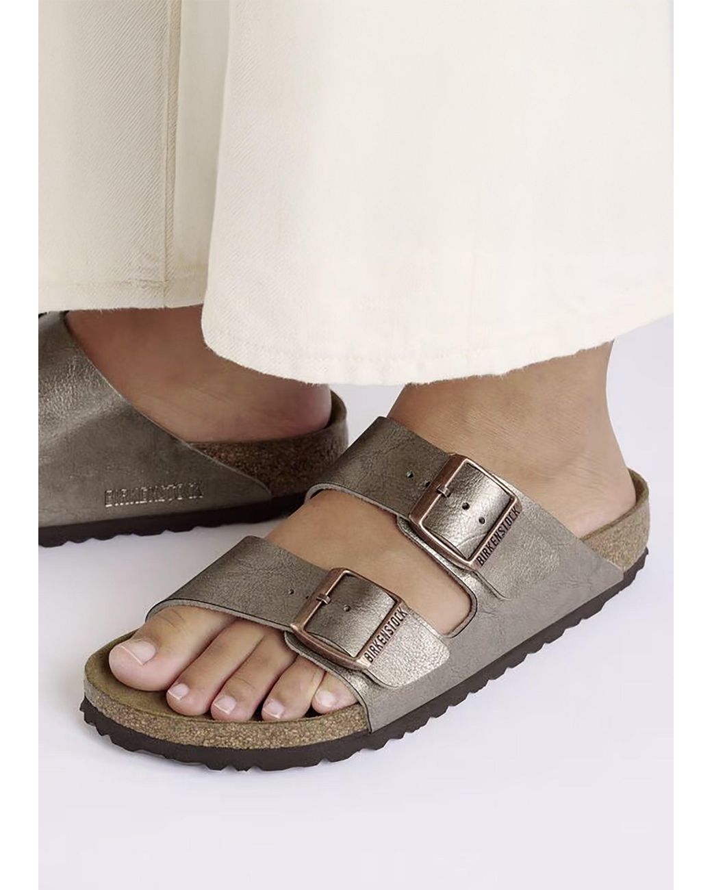 Birkenstock White Arizona Birko-Flor Graceful Taupe Two Bar Mules