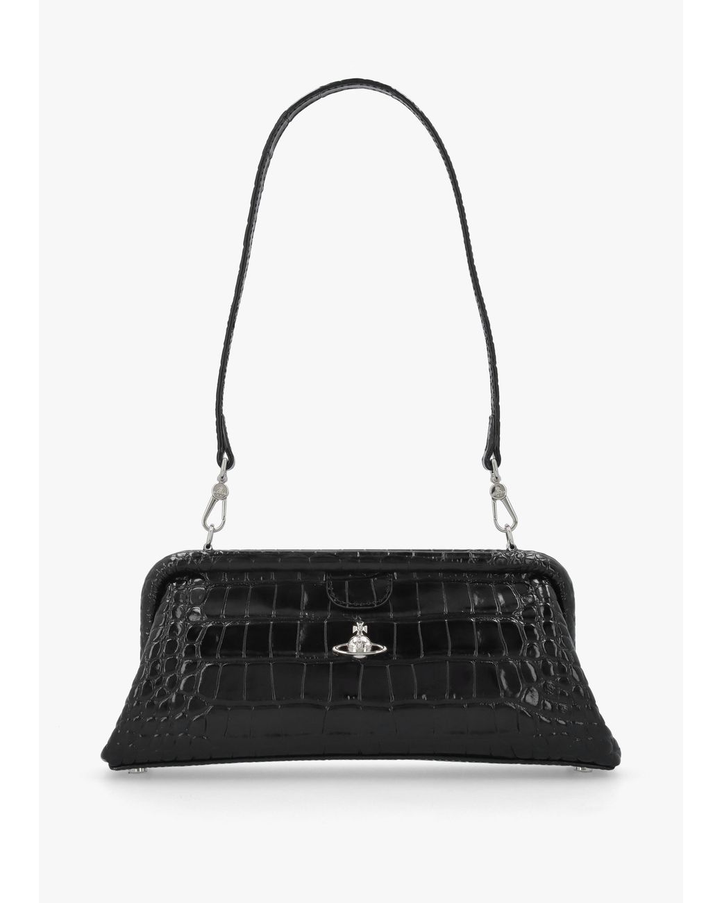 Vivienne Westwood Black Jane Frame Croc Embossed Leather Shoulder Bag Purse