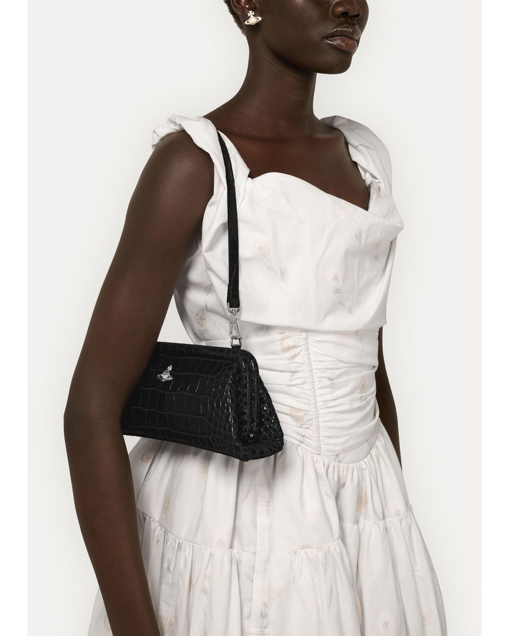 Vivienne Westwood Black Jane Frame Croc Embossed Leather Shoulder Bag Purse
