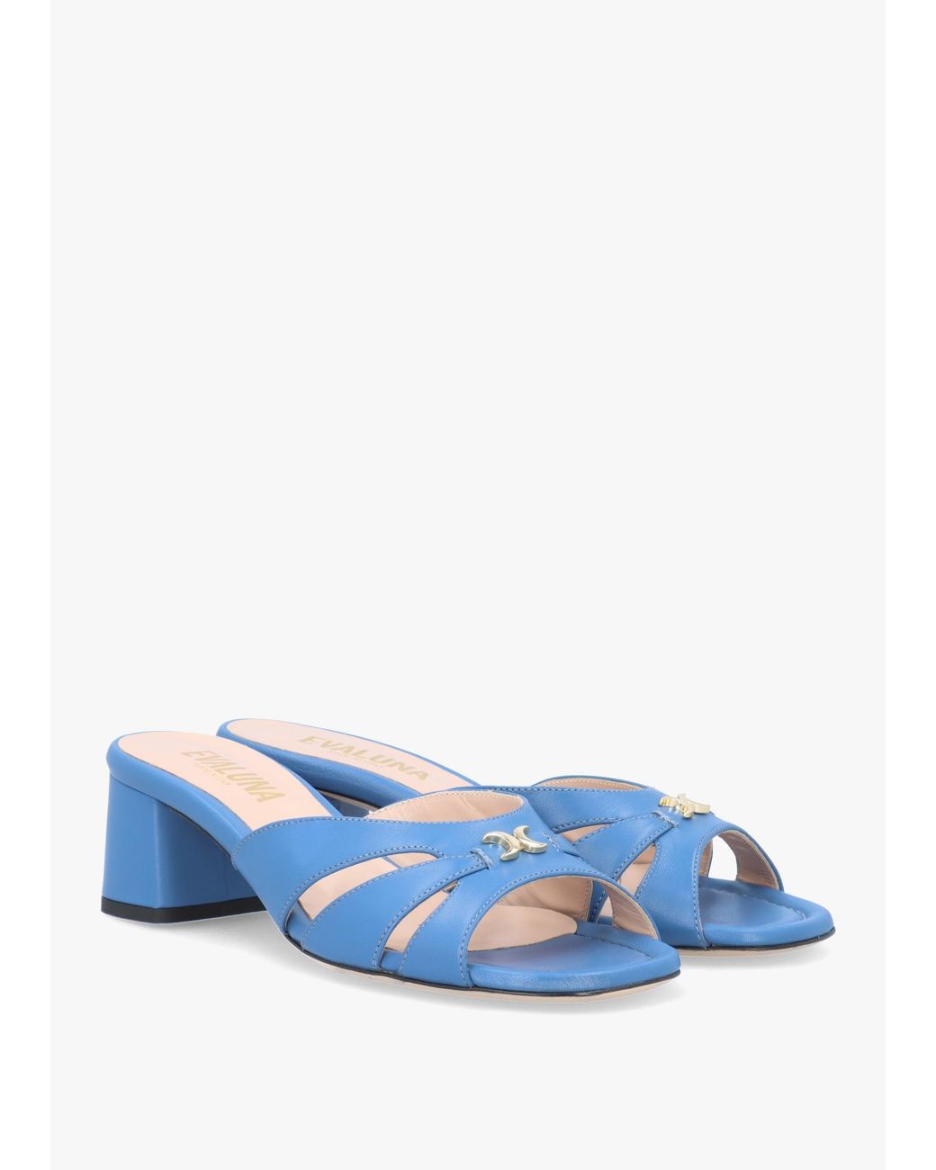 Evaluna Blue Cutaway Mid Heel Mules