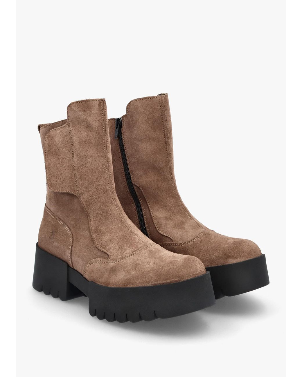 Fly London Brown Egli Taupe Suede Block Heel Chunky Ankle Boots