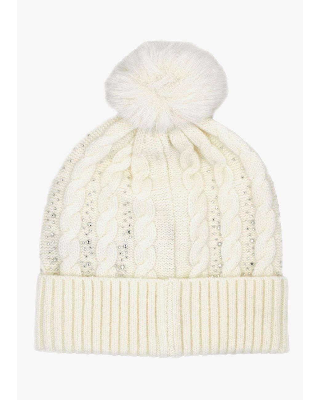 Guess Natural Cream Knitted G Logo Diamante Pom Pom Beanie Hat