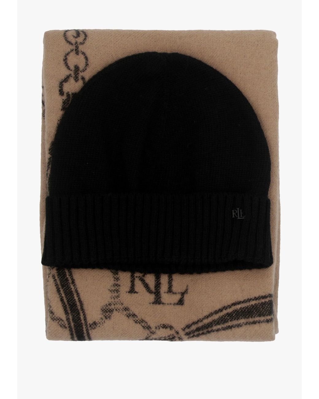 Ralph Lauren Black Belting-Motif & Camel Scarf & Beanie Gift Set