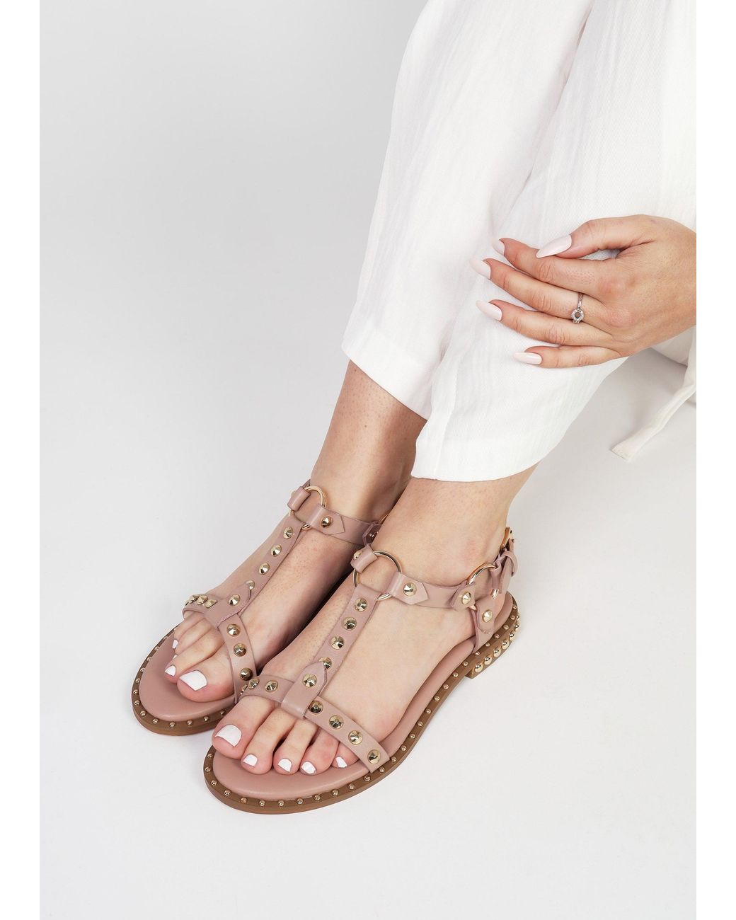 Daniel Natural Everlast Nude Leather T Bar Studded Sandals