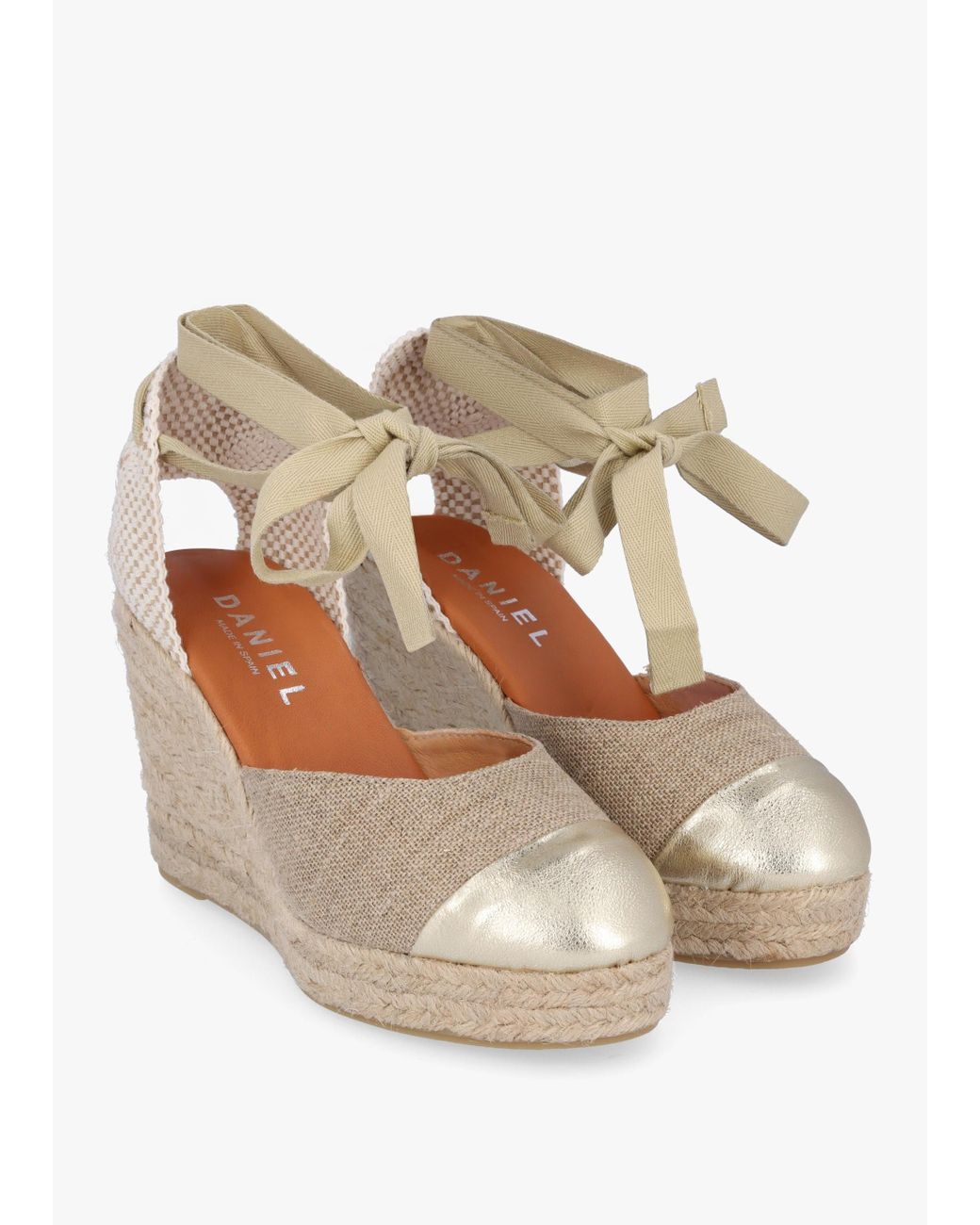 Daniel White Kendall Beige Textile Gold Leather Toe Cap Wedge Espadrilles