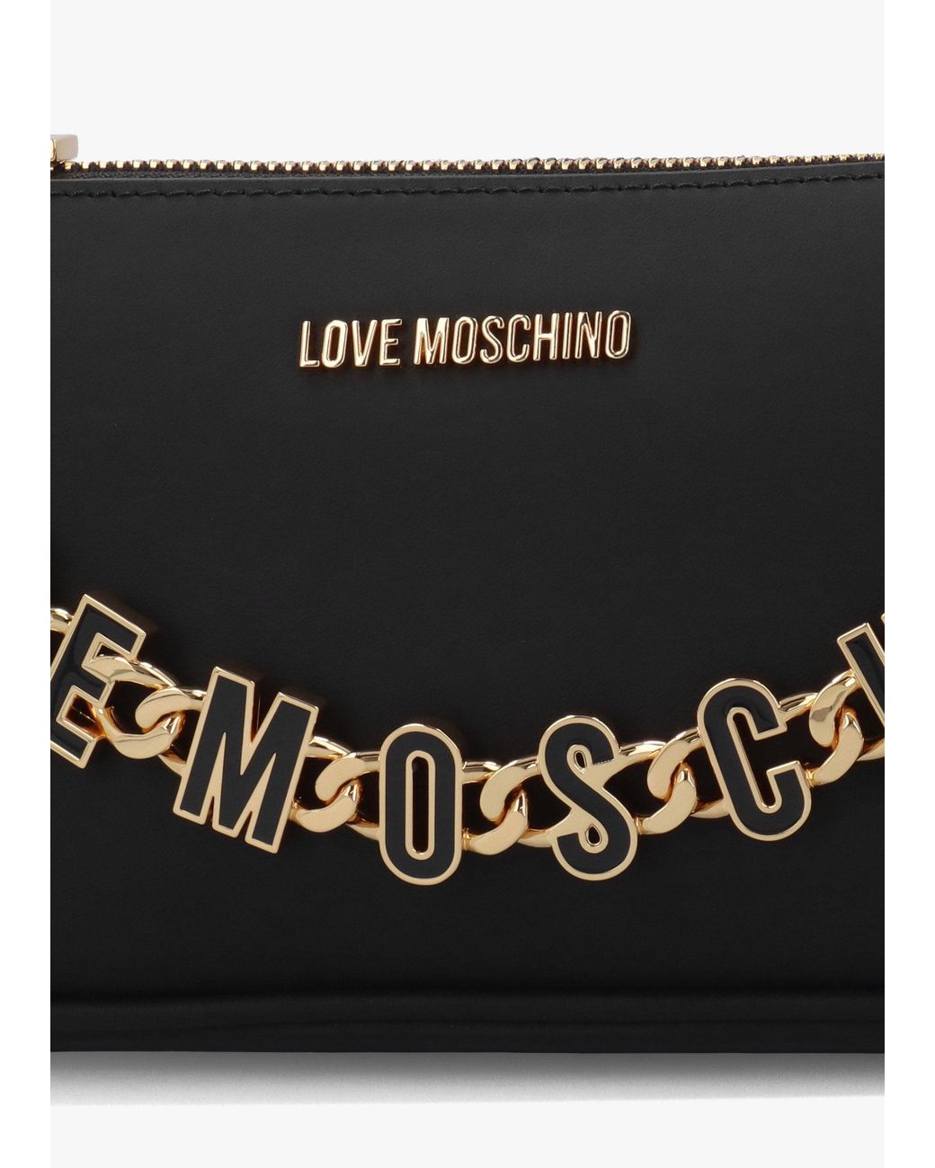 Love Moschino Black Dangling Logo Chain Nero Leather Shoulder Bag