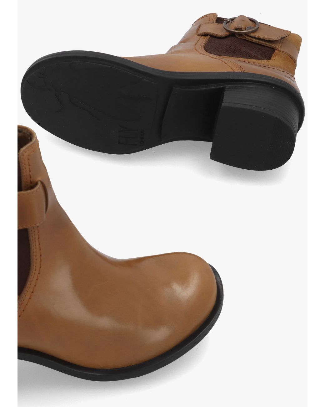 Fly London Brown Cach Camel Leather Block Heel Ankle Boots
