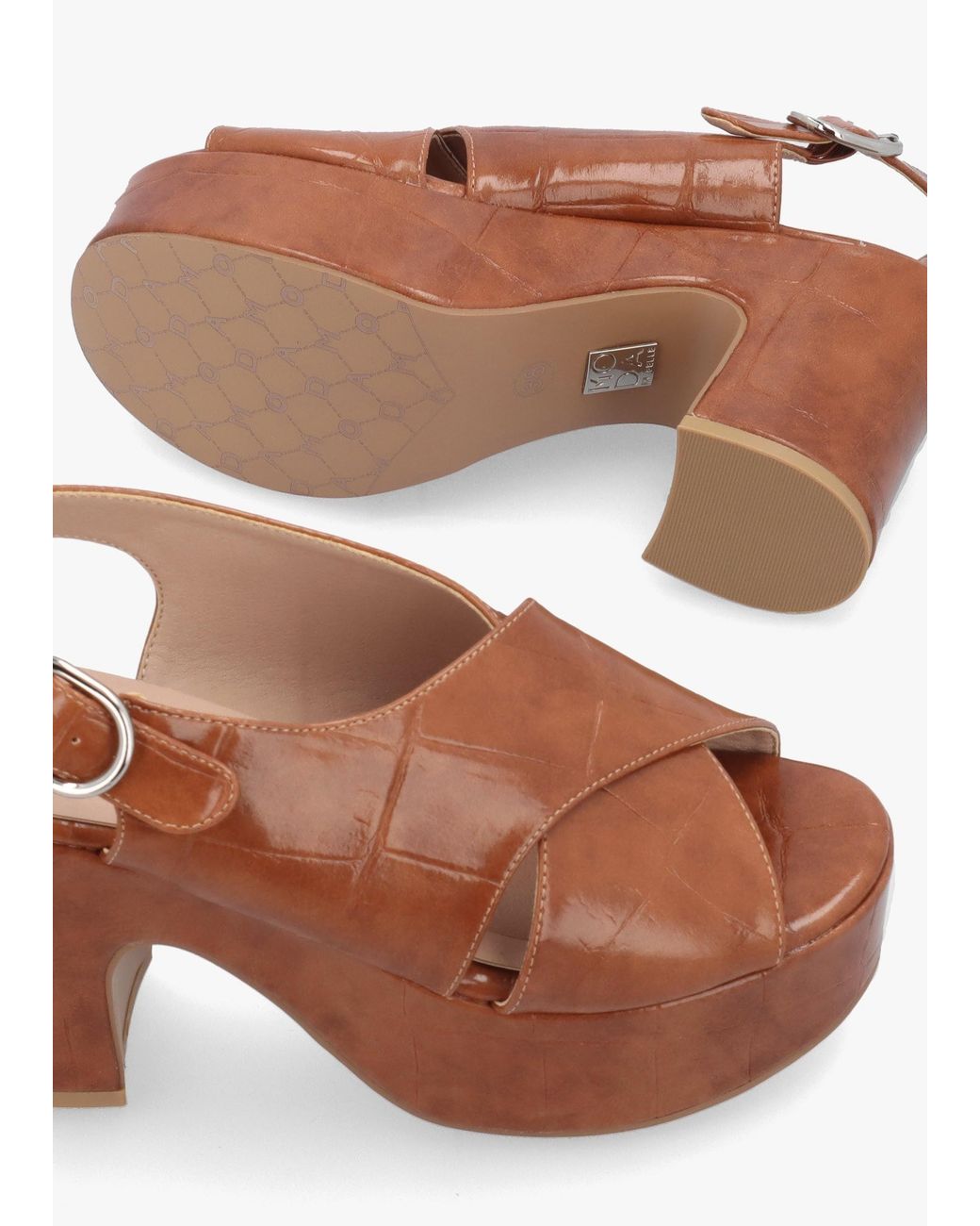 Moda In Pelle Brown Nakara Tan Moc Croc Chunky Platform Heel Sandals