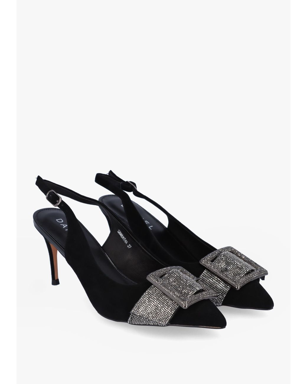 Daniel Samantha Black Suede Diamante Buckle Heeled Sling Backs