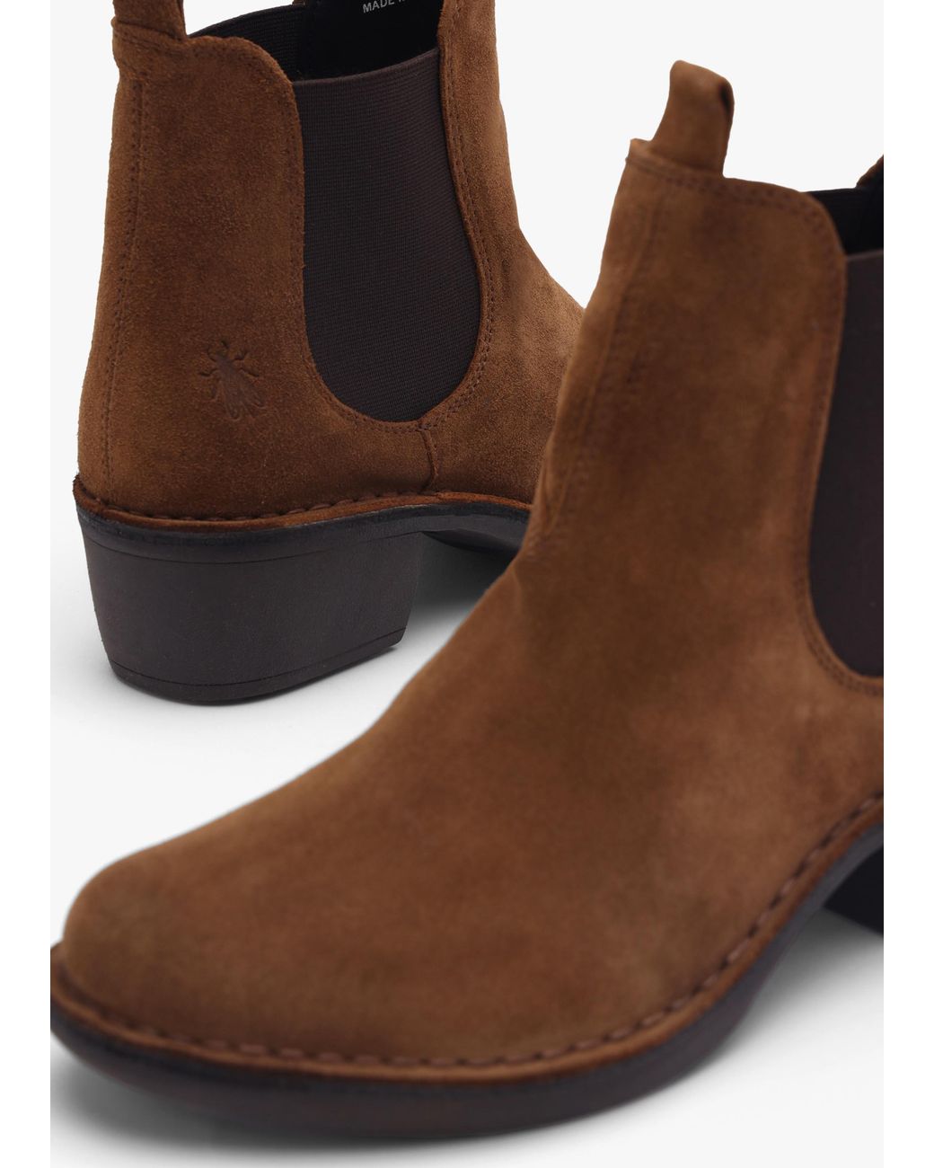 Fly London Brown Meme Tobacco Suede Block Heel Chelsea Boots