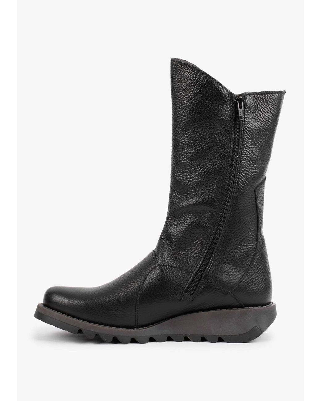 Fly London Black Mes Pebbled Leather Low Wedge Calf Boots