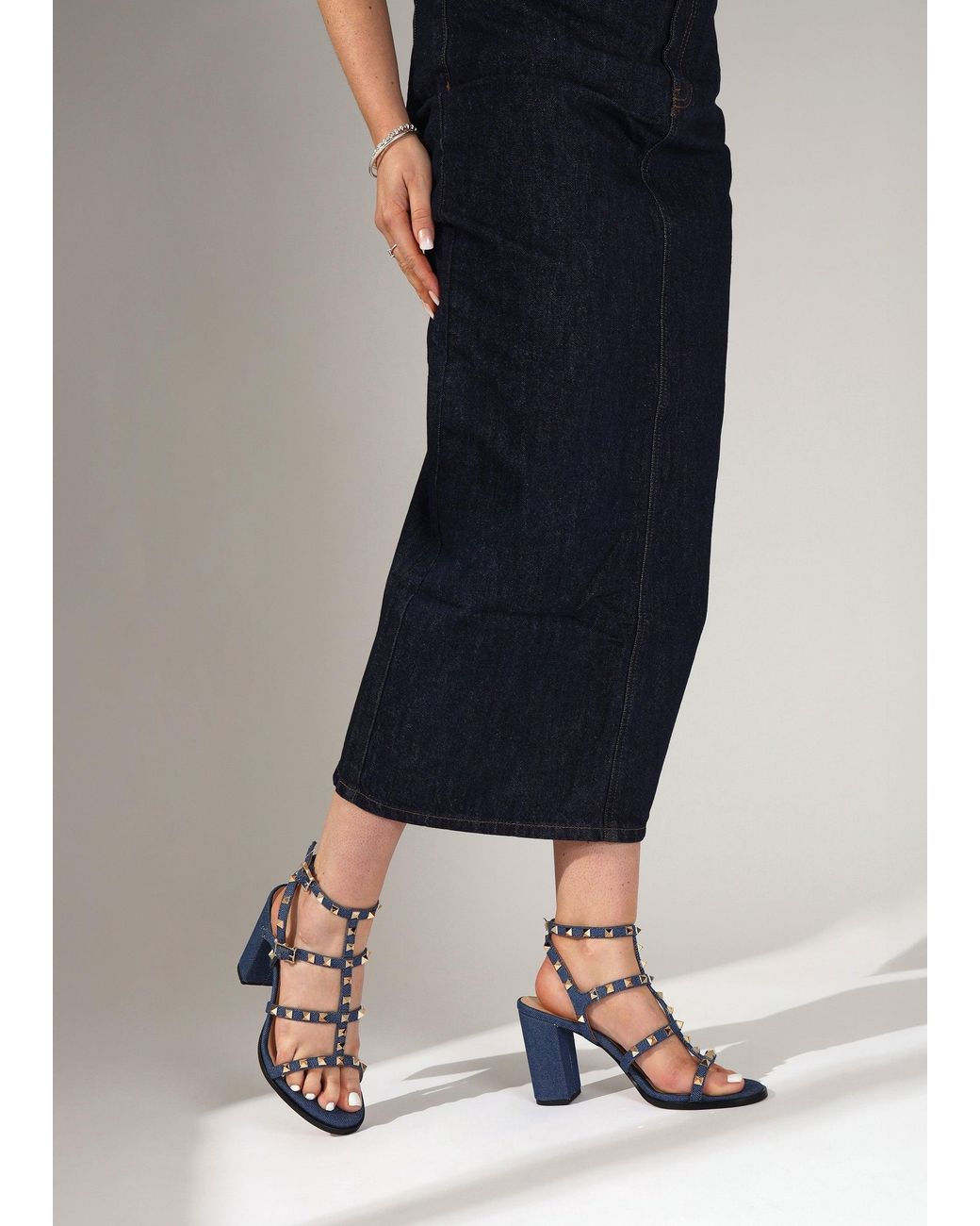 Daniel Blue Pitter Denim Studded Block Heeled Sandals