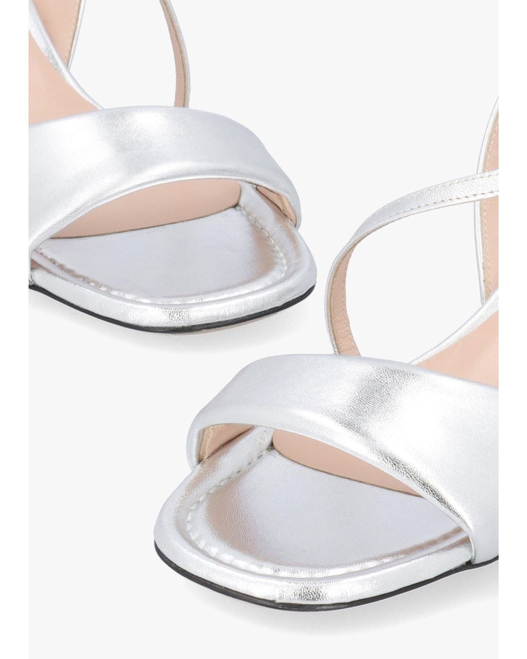 Evaluna White Metallic Leather Pillow Strap Mid-Block Heel Sandals