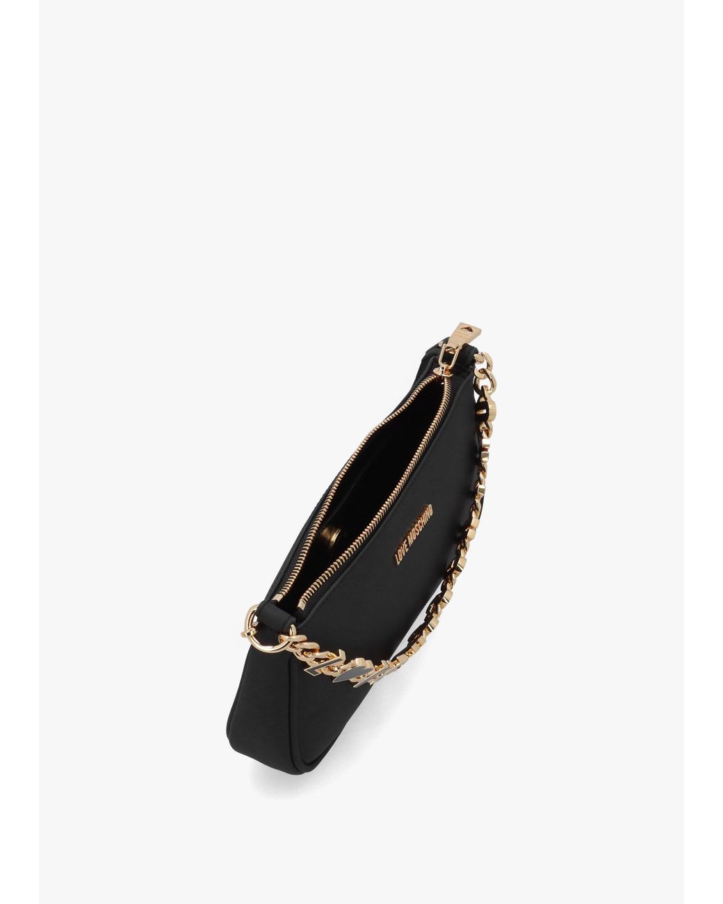 Love Moschino Black Dangling Logo Chain Nero Leather Shoulder Bag