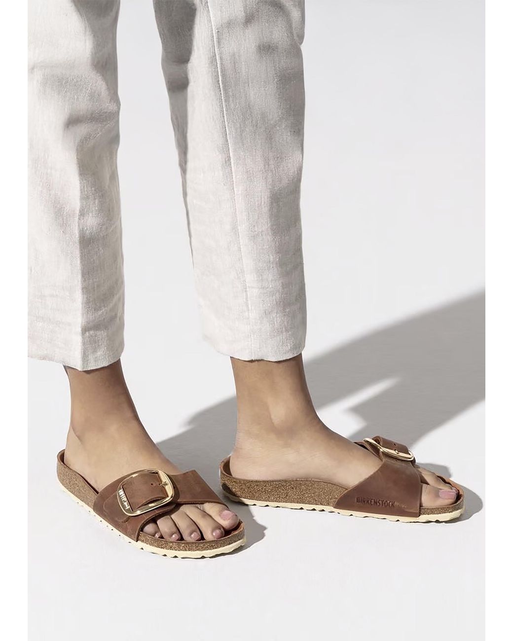 Birkenstock White Madrid Big Buckle Cognac Waxy Leather Mules