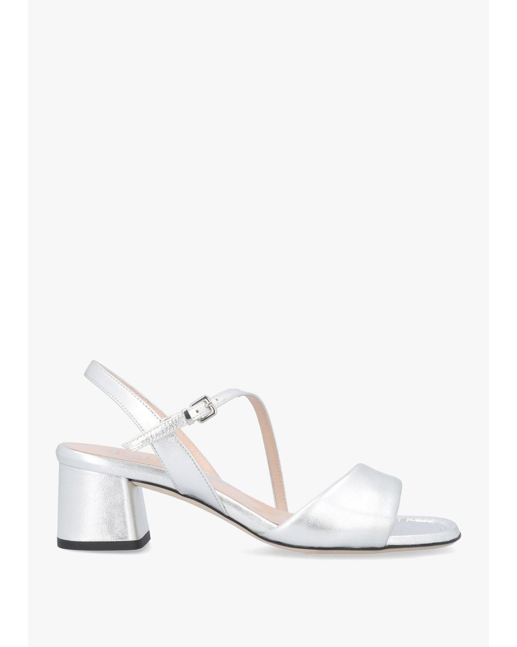Evaluna White Metallic Leather Pillow Strap Mid-Block Heel Sandals