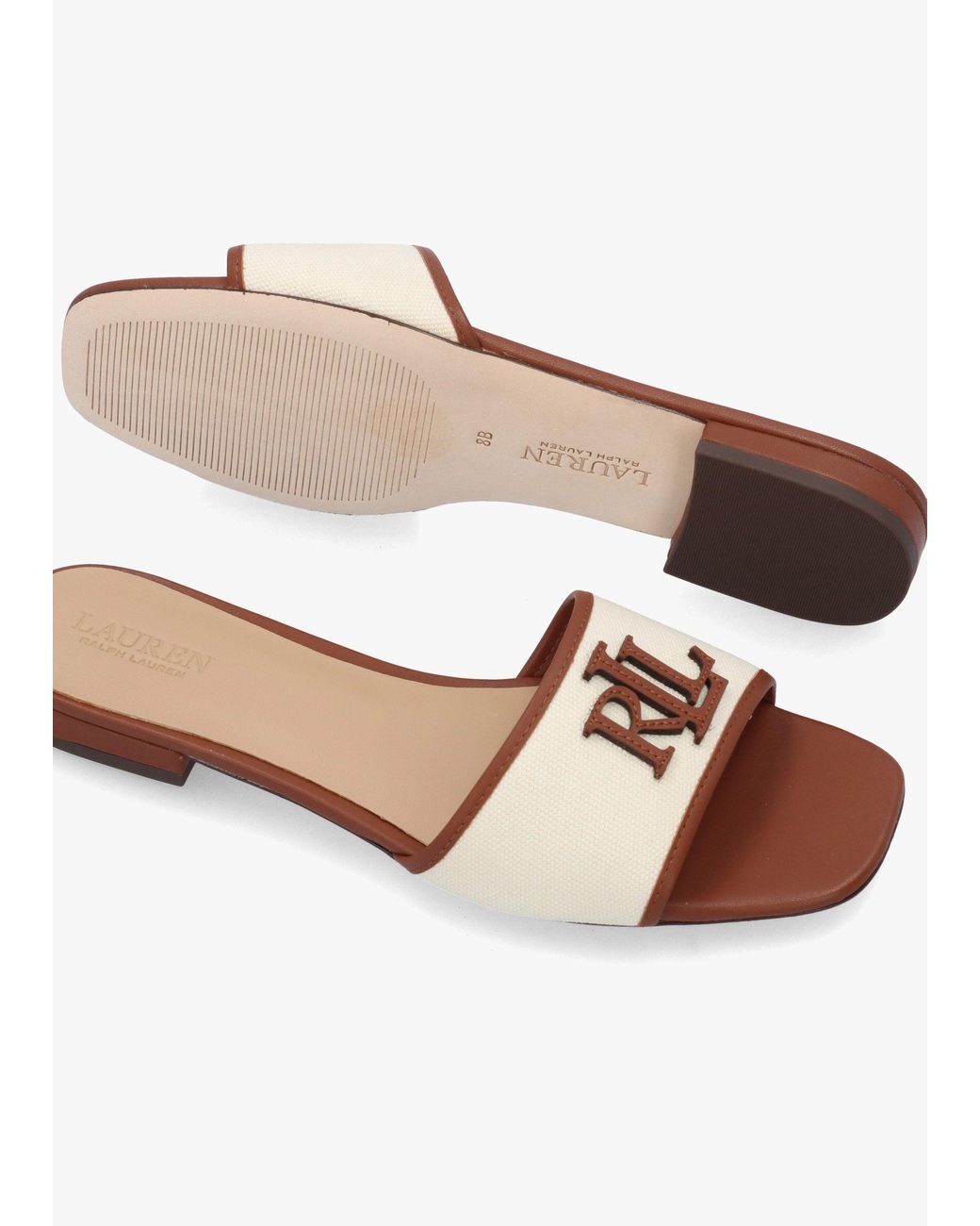 Ralph Lauren White Everley Natural Tan Lauren Leather Trim Canvas Slide Sandals
