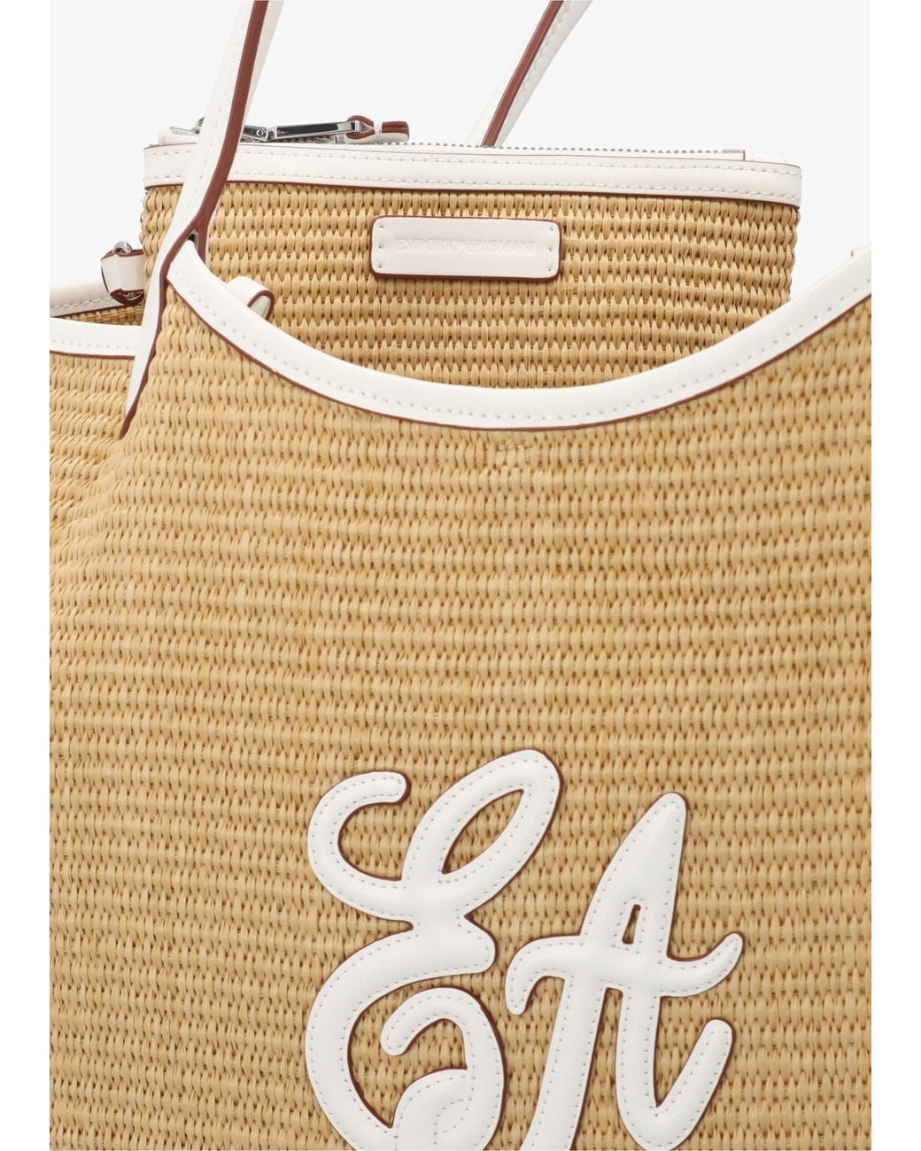 Emporio Armani White Woven Straw Medium Natural Shopper Bag