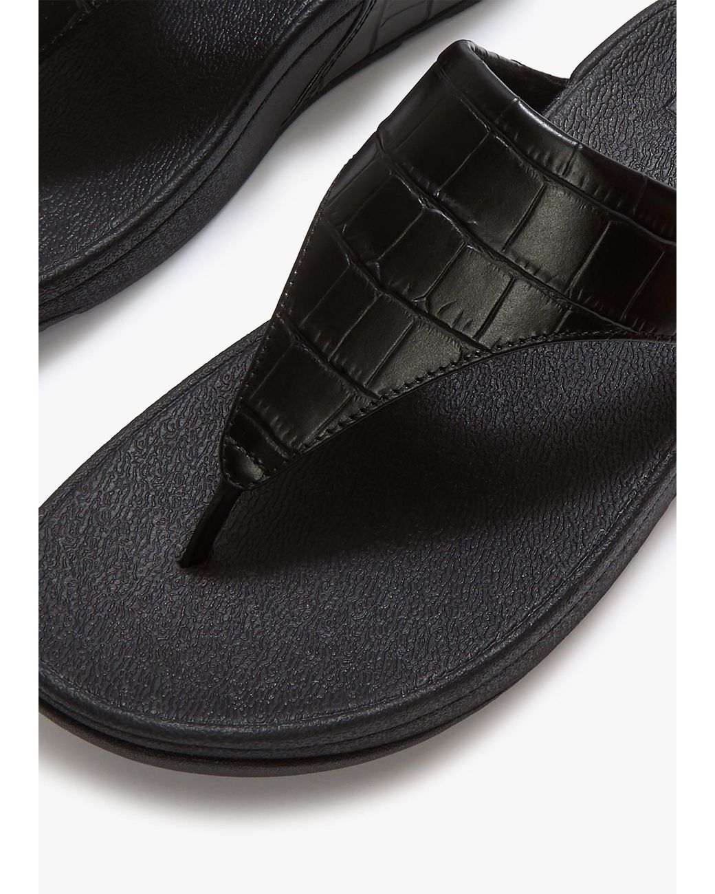 Fitflop Black Lulu All Leather Moc Croc Toe Post Sandals