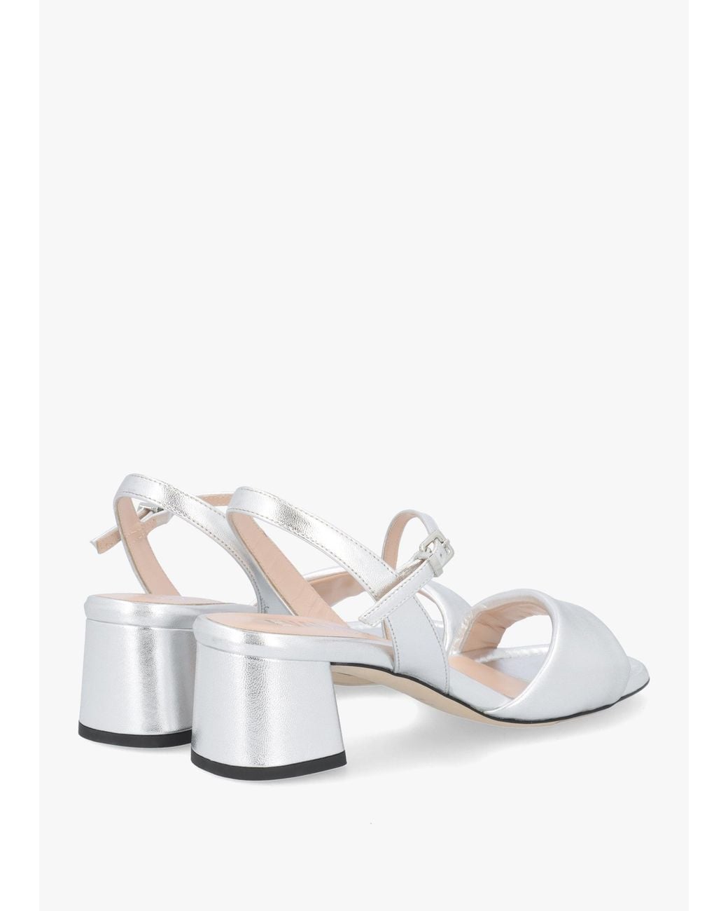 Evaluna White Metallic Leather Pillow Strap Mid-Block Heel Sandals